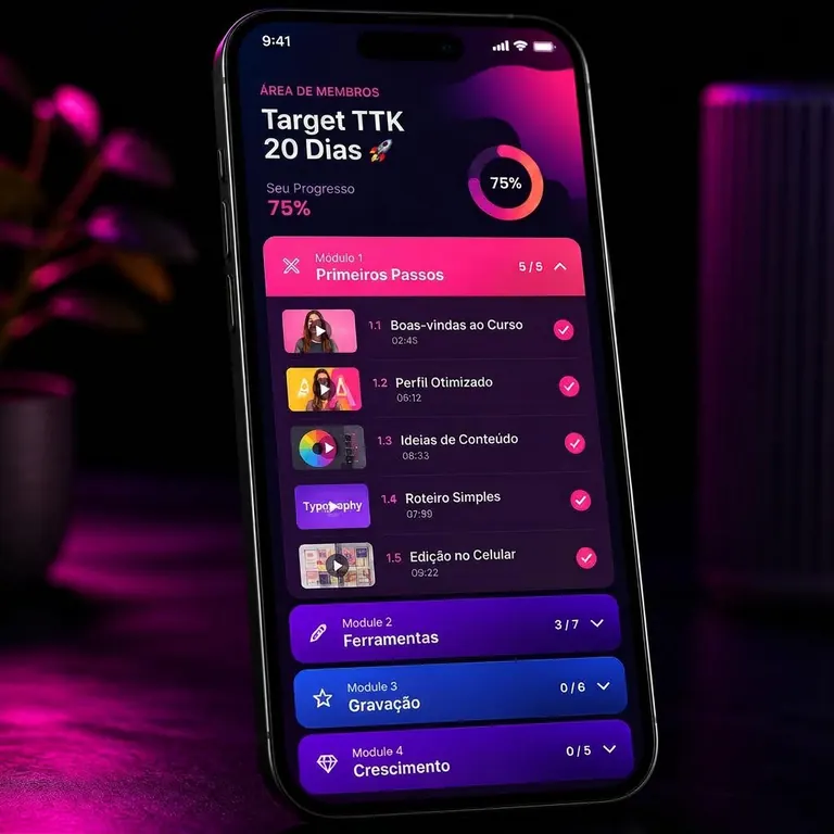 Celular apoiado em superfície escura exibindo uma lista ilustrativa de aulas em vídeo
