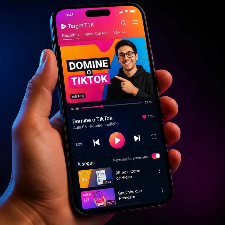 Celular exibindo o player ilustrativo de uma aula em vídeo