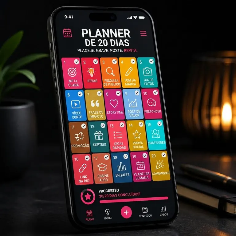 Celular exibindo um planejador ilustrativo com grade colorida de 20 dias