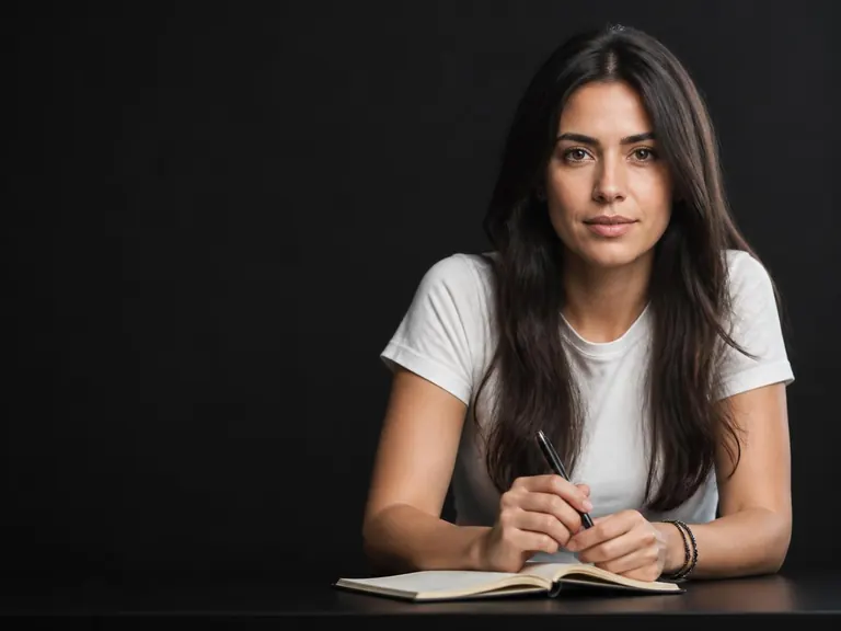 Mulher sentada à mesa com um caderno de anotações, olhando para a câmera