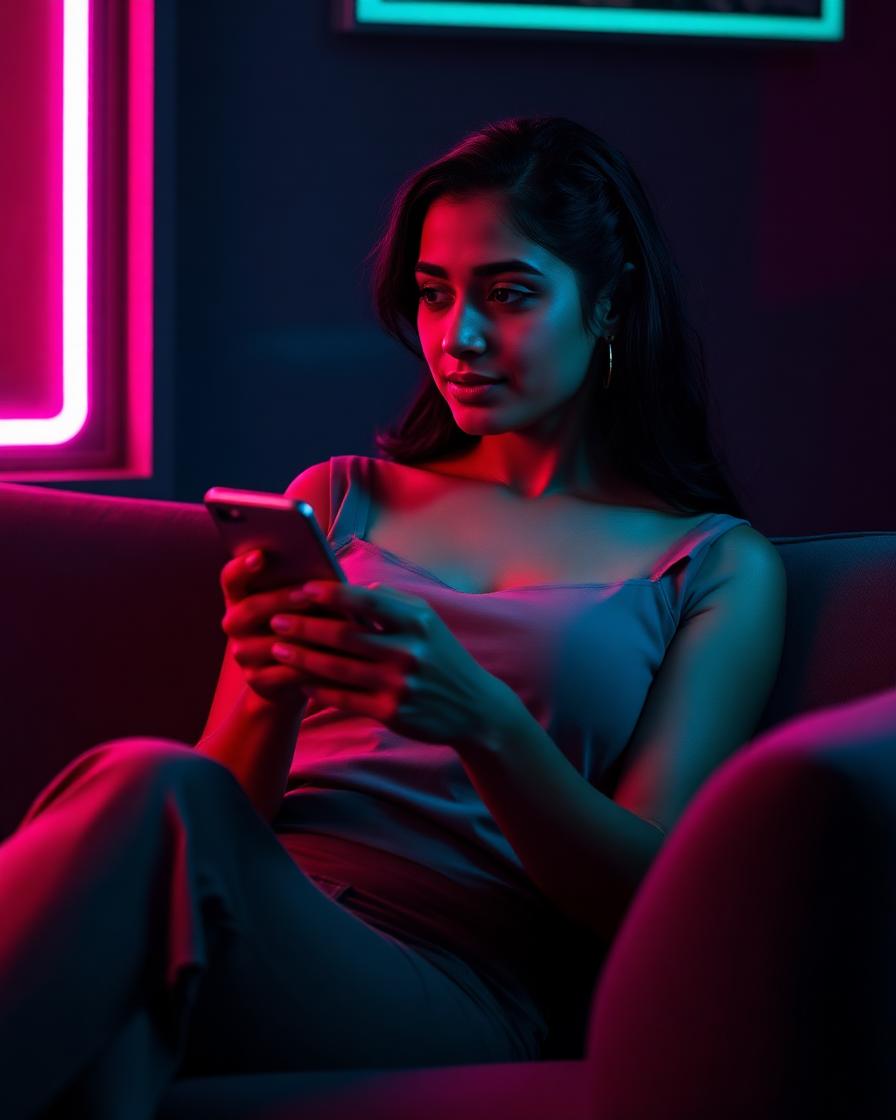 Mulher pensativa olhando o celular